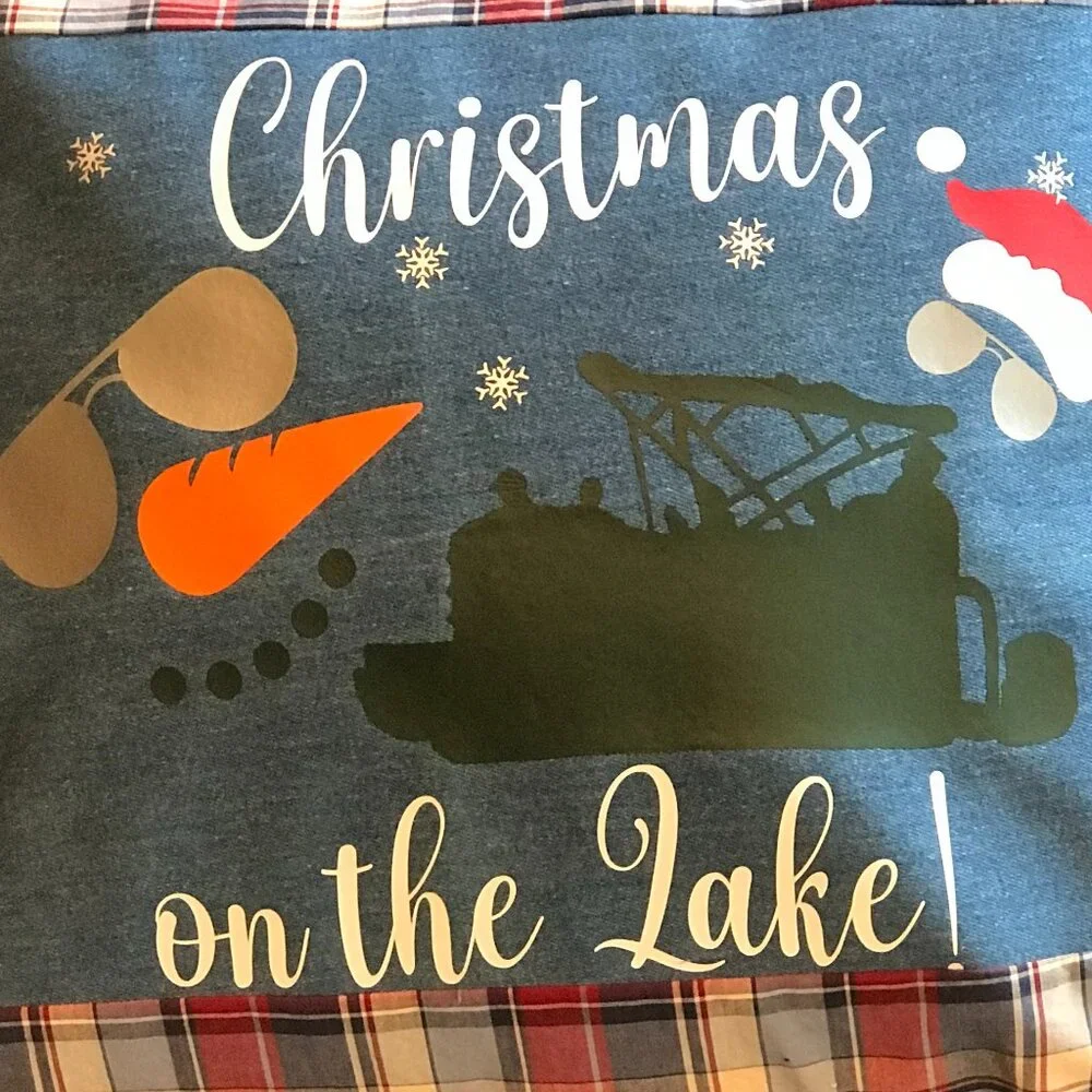 Holiday Lake Scene Pillow Cover, Appliqued Christmas on the Lake w/Pontoon 18x18